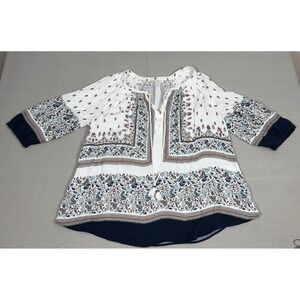 Pale Sky Womens 2X Boho Floral Paisley Rayon Peasant Blouse White Navy whimsical